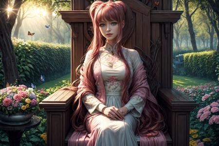(masterpiece, best quality, 8K, detailed, photo predominance of soft pink colors, close to camera), an extremely delicate and beautiful, (Monika, green eyes, very long hair, ponytail, soft smile, modern clothes, ((throne, garden, flowers, trees, sun, butterflies))), <lora:DetailEnhancer:0.8>, <lora:DDLC:0.7>