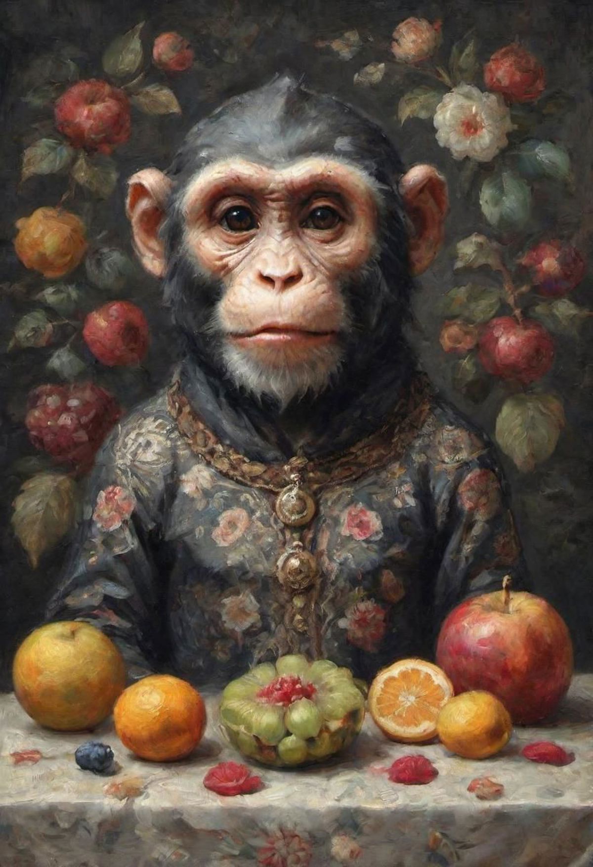 A painting of a monkey dressed in a costume, surrounded by a variety of fruits.