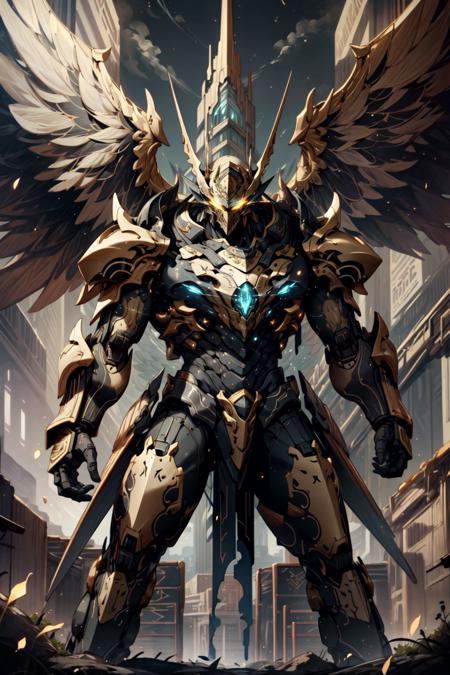 <lora:EbonyGoldMecha:1>, (masterpiece, best quality:1.3),extremely high detailed, intricate, 8k, HDR, wallpaper, cinematic lighting ,(universe), glowing, armor, glowing eyes, mecha, large wings, 