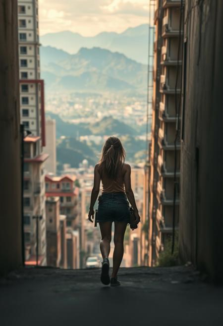 lone roguish female figure, walking away, narrow alleyway, towering concrete jungle, distant horizon of wild untamed mountains, mysterious landscape, candid, captured moment, (purposeful movement:1.2), cinematic, vast scenery, (detailed background:1.3), natural light, dramatic lighting, depth of field, (photorealism:1.4), 8k UHD, (blurry:-1.3), (lowres:-1.5), (ugly:-1.2), (mutated:-1.4), (worst quality:-1.4), (bad anatomy:-1.3), (cartoon:-1.1), (sketch:-1.1), (distorted proportions:-1.3), (extra limbs:-1.5), (cgi:-1.4)