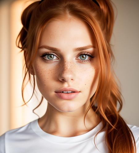 photo,8k,sharp focus,beautiful woman,close up,t-shirt,(detailed eyes:0.8),(looking at the camera:1.4),(highest quality),(best shadow),brown eyes,rim lighting,two tone lighting,dimly lit,low key,intricate details,interior,ponytails,ginger hair:1.3,open mouth:0.7,freckles