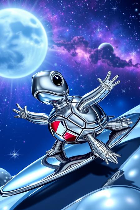 silver surfer turtle, universe, surfboard, cartoon, scenery,
chrome, shiny, reflections, metallic
