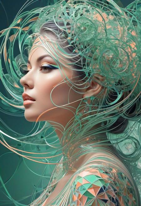 colorful spirals and geometric lines, tesseract, contained chaos, illusionary paintings, interactive pieces, vibrant mosaic, Mint green, peach