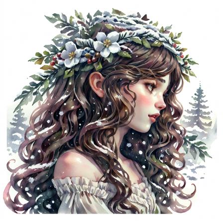 GachasplashMistletoe, 1girl, solo, long hair, brown hair, hair ornament, white background, brown eyes, collarbone, upper body, flower, parted lips, lips, eyelashes, profile, leaf, wavy hair, portrait, head wreath, frost, snow, watercolor painting