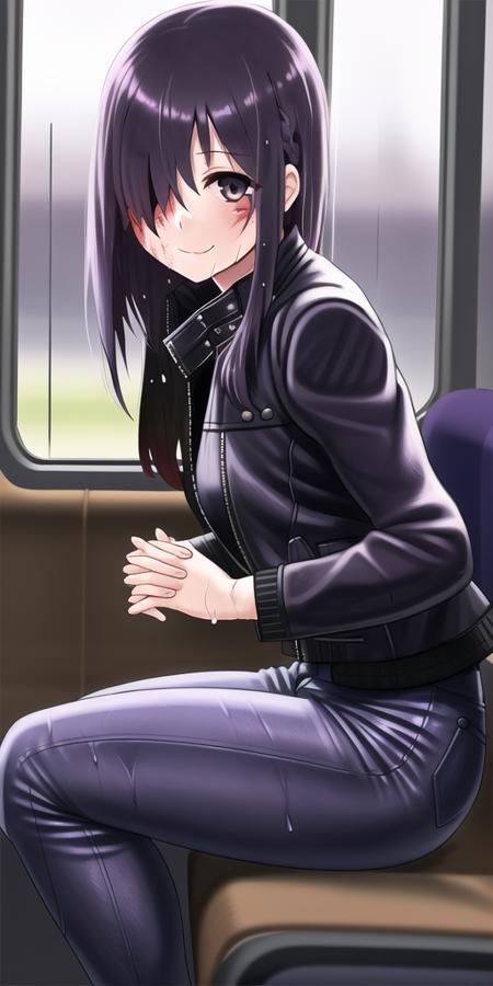 realistic, <lora:steampunkengis_katawashoujo_hanakoikezawa:0.85>, girl, solo, (shy:0.4), (blush:0.3), smile, sitting, train bench,train interior, train window, (purple hair:1.3), wet hair,  one eye covered,(burn scar on side:0.78) , (leather pants:1.1), open leather jacket,  hair strand,  mature,  depth of field, blurry background, dark sky,  from side, two legs, two arms, two hands