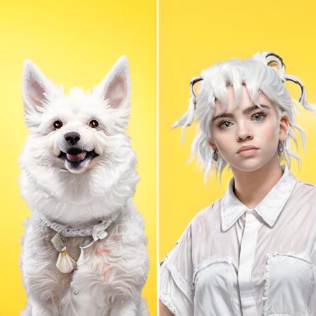 lolp,  b1ll1331ll1sh in white dress white hair, dog, yellow background, 8k, 4k, detailed <lora:like_owner_like_pets-000045:1>