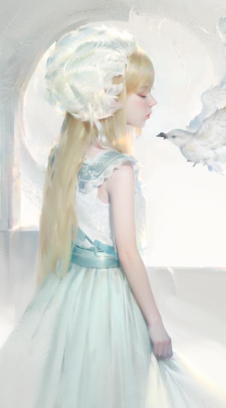 1girl, solo, blonde hair, long hair, dress, closed eyes, white dress, profile, sleeveless, bird, sleeveless dress, closed mouth, realistic, oil painting<lora:water_lily:0.9:OUTALL>