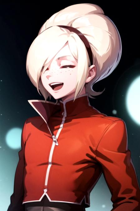 <lora:AshCrimson-09:0.7> ,ashkof, solo, smile, open mouth, blonde hair, 1boy, jacket, closed eyes, upper body, male focus, hairband, hair over one eye, androgynous, freckles