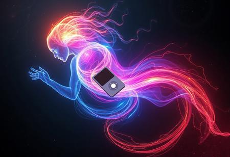 A spectral and incorporeal energy entity, glowing with radiant, pulsating colors. Its form shifts constantly, blending hues of electric blue, neon violet, and radiant gold, with streaks of fiery red coursing through its swirling, ethereal body. This being exudes an aura of immense power and wisdom, its edges shimmering with fractal-like energy patterns.
A vibrant core of pure white light pulses at its center, casting an otherworldly glow that illuminates the dark void around it. Despite its enigmatic and ancient presence, the being wears a vintage iPod clipped to its glowing form, connected to sleek white earbuds that somehow stay suspended near what might be its head. The iPod, a stark contrast to its cosmic appearance, shines with the distinct white glow of the iconic Apple design, featuring a classic click wheel.
Surrounding the entity are arcs of crackling energy and faint traces of luminous particles, creating a mesmerizing dance of light and shadow. The environment is a vast, shadowy expanse, punctuated by stars and nebula-like swirls of color, with a subtle nod to the vibe of the iconic Apple iPod commercials: a futuristic yet nostalgic fusion of light, sound, and style.