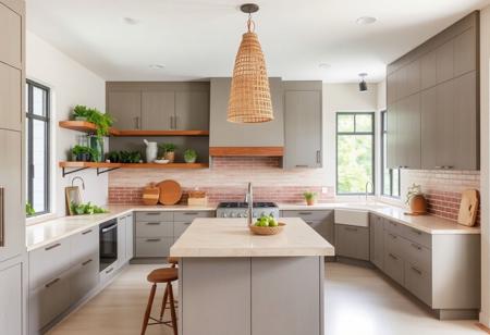 "A modern kitchen designed in a blend of Wabi Sabi and Tropical Modern styles. The cabinetry features a calming palette of dusty gray and taupe, complemented by saddle brown accents in wooden shelving and fixtures. Light stone countertops in light beige create an inviting workspace that balances elegance and functionality.
Lime green plants and herbs add natural freshness, while a subtle brick red backsplash provides warmth and character. Ample natural light floods through large windows, highlighting the organic textures of the materials.
Woven pendant lights hang above the central island, offering soft, ambient lighting. The island features a sandy beige countertop and serves as a casual dining area for family and friends to gather.
Overall, this kitchen blends simplicity with a touch of nature, creating a warm, inviting atmosphere that encourages culinary creativity and relaxation."