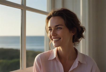 A meticulously detailed, hyper-realistic studio portrait of Olivia, a 35-year-old woman with sun-kissed skin and bright green eyes. She has a slim, oval, delicately contoured face with high cheekbones, a narrow jawline, and a subtle V-shaped chin. Her wavy, short-length light brown hair is casually tousled, framing her naturally beautiful face. Her skin has realistic texture: visible pores, soft natural wrinkles, gentle laugh lines, and minor imperfections that enhance authenticity. She wears a light red button up shirt an a warm, genuine smile with slightly imperfect teeth. She seats in a warm living room, facing the sunset, and ocean,through a Victorian White Wooden window, captured with an 85mm lens at f/4, with natural color grading and an unedited RAW film look — inspired by Kodak Portra 400. No makeup retouching, no plastic effect, no artificial smoothing.