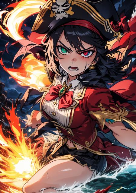 <lora:cheddarcheems-000002:0.9>, cheddarcheems, masterpiece, best quality, ultra-detailed, illustration, beauty detailed eyes, on pirate ship, water, droplets, pirate girl, black hair, red eye, pirate hat, eye patch, angry, looking at viewer, blood splatter, night, lightning, Heterochromia, green eye, red sparking eye, holding sword, dynamic pose, dynamic angle, explosion, fire, depth of field, by studio trigger