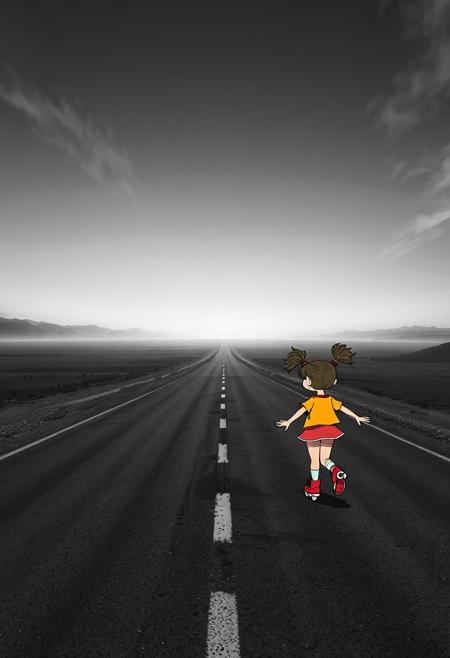A dreamy infinite road disappearing into the horizon, as an excited cartoon girl with exaggerated ponytails and bright clothes roller-skates along, her vibrant energy lighting up the quiet world.
minimalist surrealism, black-and-white landscapes, vast empty spaces, long exposure photography, high contrast, atmospheric stillness, soft gradients, stylized animation, vibrant cartoon characters, bold outlines, whimsical expressions, dynamic movement, dreamlike scenery, modern fantasy, playful yet mysterious mood
balance of realism and stylization, allegorical storytelling, quiet yet powerful visual expression