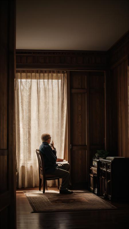 solitude, a person sitting on a chair alone mediating in a dark empty room, dark and mysterious ambience, dressed in normal clothes, detailed background, highly detailed face, extremely detailed, high quality, best quality, looking at viewer, facing camera, whole body, full body in frame