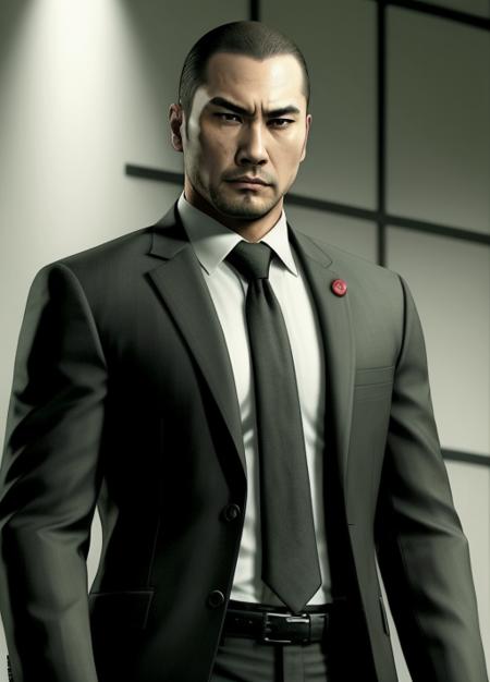 taiga saejima, man, black suit and tie, looking at camera, frontal shot, <lora:saejima:.4>, realistic, photo