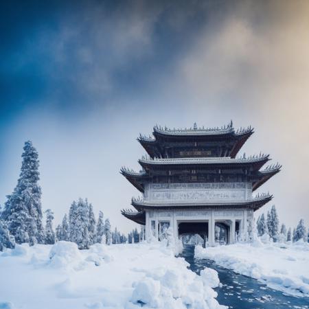 4k, 8k, exquisite visuals, high-definition images, high pixels, high resolution, 1 white palace, palace gate made of white snow, with a Chinese style white archway,Exquisite architecture, exquisite designï¼ inscription, plaque, four corners raised, fairyland, clouds and mist, wind, white clouds, white skyï¼ <lora:forest_snow:1>