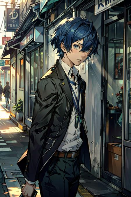 (masterpiece, best quality:1.3) 
<lora:epi_noiseoffset2:1> <lora:add_detail:0.7> <lora:Persona3MakotoYuki:0.8>
Persona3MakotoYuki, 1boy, solo,  city street, afternoon, warm and vibrant sunlight