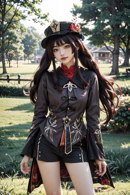 <lora:Hutao:0.7>, hu_tao, cowboy shot, beautiful girl, hat, hat flowers, brown long sleeves coat, black shorts, standing, long brown hair, outdoors, sunshine, lawn, flowers, sunny, lake, park,