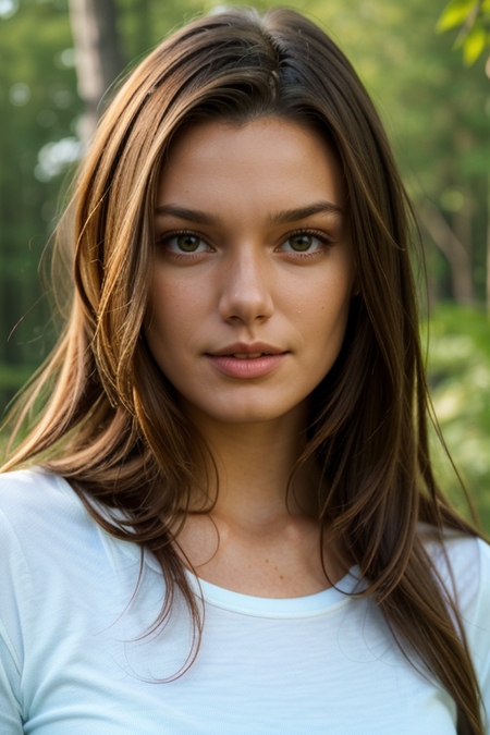 HaileyOutland, portrait photo, (detailed eyes:1.1), (long wavy hair) BREAK, wearing a (1980s white t-shirt with orange stripes:1.1), posing for a picture BREAK with a stranger things background, moody light, (masterpiece), ((forest)), (detailed face:1.2)