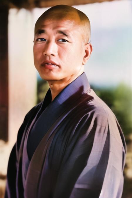 (masterpiece, high resolution, clear outlines, ultra-detailed, illustration), 1boy, solo, isiwarakanji, bald, yukata, japanese cloth, , blurry, blurry_background, blurry_foreground, summer coast, blue sky, losed_mouth, depth_of_field, looking_at_viewer, black_eyes, solo <lora:isiwarakanji59:0.9>