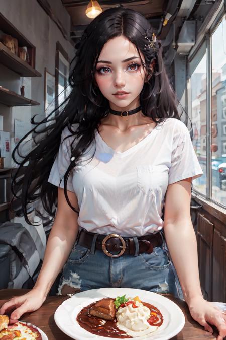 Highly detailed, High Quality, Masterpiece, beautiful, solo, 1girl, nevin, red eyes, <lora:Nevin:1>, white shirt, food, simple background, elbows on table, cup, blurry background, indoors, upper body, <lora:Pos_AcrossTable:1>