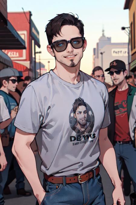 Deanmccoppin,  1guy,  t-shirt,  , sunglasses,  facial  hair,  belt,  denim pants,  boots,  best quality:1.2),  smirk,  masterpiece,  highness,  perfect face,  perfect picture,  detailed eyes,  sharp focus,  cowboy shot,  at the town, <lora:EMS-50964-EMS:1.000000>