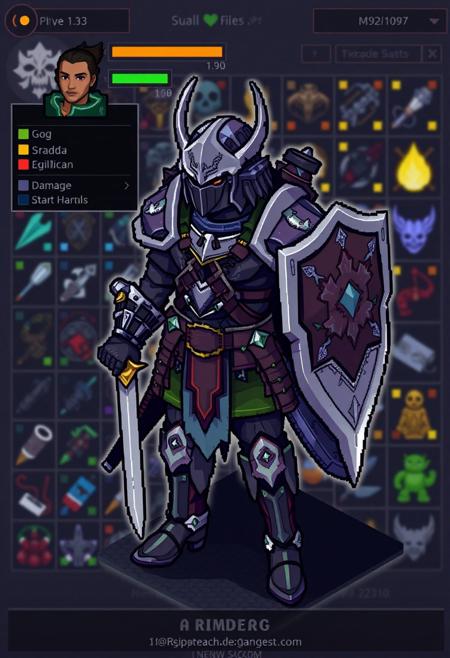 (8-bit pixel art character:1.5), (gothic fantasy warrior:1.3), modular design, (equipment slots:1.4), (helmet, chest armor, gloves, boots, sword, shield:1.2), inventory system, (blocky pixel sprites:1.3), (drag-and-drop equipment mechanics), (color-coded item rarities), (limited color palette:1.2), (simple shading), (action pose:1.1), (inventory grid background:1.2), glowing highlights for equipped items, (damage stats UI overlay:1.1), (arcade-style text), (isometric character portrait:1.2), dark RPG theme, (pixel lighting effects:1.1), (blurry:-1.2), (photorealism:-1.5), (smooth textures:-1.2), (high resolution details:-1.4), (overly bright colors:-1.2)