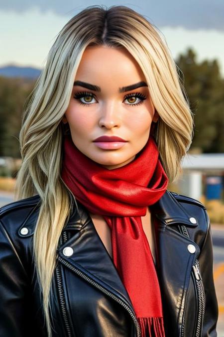 Picture, high quality, half body shot, SFW, biker Koh_MadiEdwardsV2-140, wearing a black leather jacket, red scarf, roadside gas station, sunset, overcast, optical glare, strong bloom, perfect face, sharp focus