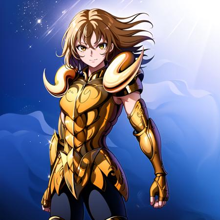 masterpiece, best quality, highres, solo, 1girl, subtle smile, detailed background,standing in front of a picturesque landscape,medium breasts,aaritsuka, short hair, ahoge, hair scrunchie,fingerless gloves ,pauldrons,(gold armor:1.5),  <lora:aries:0.9>, <lora:fujimaru_ritsuka_(female)_v1:0.9>,aries,shoulder armor