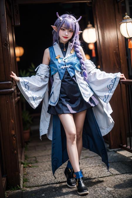 best quality, quality, masterpiece, photorealistic, 1girl, solo, looking at viewer, smile, full body, standing, bailu cosplay costume, cosplay, detached sleeves, dragon horns, cosplay shoes, chinese garden, night, <lora:bailu_cosplay_costume_v1:0.65>