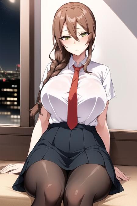 地点：(Night:1.7), Cyberpunk_CityView, Before Window,
动作：sitting at attention,sitting on couch,
服饰：shirt,necktie,pleated_skirt, red_necktie, school_uniform, shirt, short_sleeves,pantyhose,
角色：<lora:IchijouHonokaV1:0.7>,Ichijou Honoka,<lora:chracterYukino_v10:0.1>
头发：Brown_hair,single_braid,green_eyes,
角色鎖定：
1 girl,Solo, Manga,20yo,mature female,Beautiful Finger,Beautiful long legs,Beautiful body,Beautiful Nose,Beautiful character design, perfect eyes, perfect face,
眼神表情：
looking at viewer, (innocent_big_eyes:1.0),(expressionless:1.3),
畫質:
official art,extremely detailed CG unity 8k wallpaper, perfect lighting,Colorful, Bright_Front_face_Lighting,
(masterpiece:1.0),(best_quality:1.0), ultra high res,4K,ultra-detailed,
photography, 8K, HDR, highres, absurdres:1.2, Kodak portra 400, film grain, blurry background, bokeh:1.2, lens flare, (vibrant_color:1.2)
身材:
(Beautiful,large_Breasts:1.4), (beautiful_face:1.5),(narrow_waist),