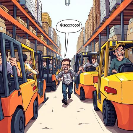 A humorous illustration of chaotic Forklift warehouse workers moving recklessly in different directions, looking disorganized and exaggeratedly clumsy. In the background, a terrified pedestrian flees with a comically exaggerated expression of fear. Bublle say "soccorroo" The scene is set in a bright warehouse environment, drawn in a colorful, cartoonish style, emphasizing exaggerated features and comic elements."