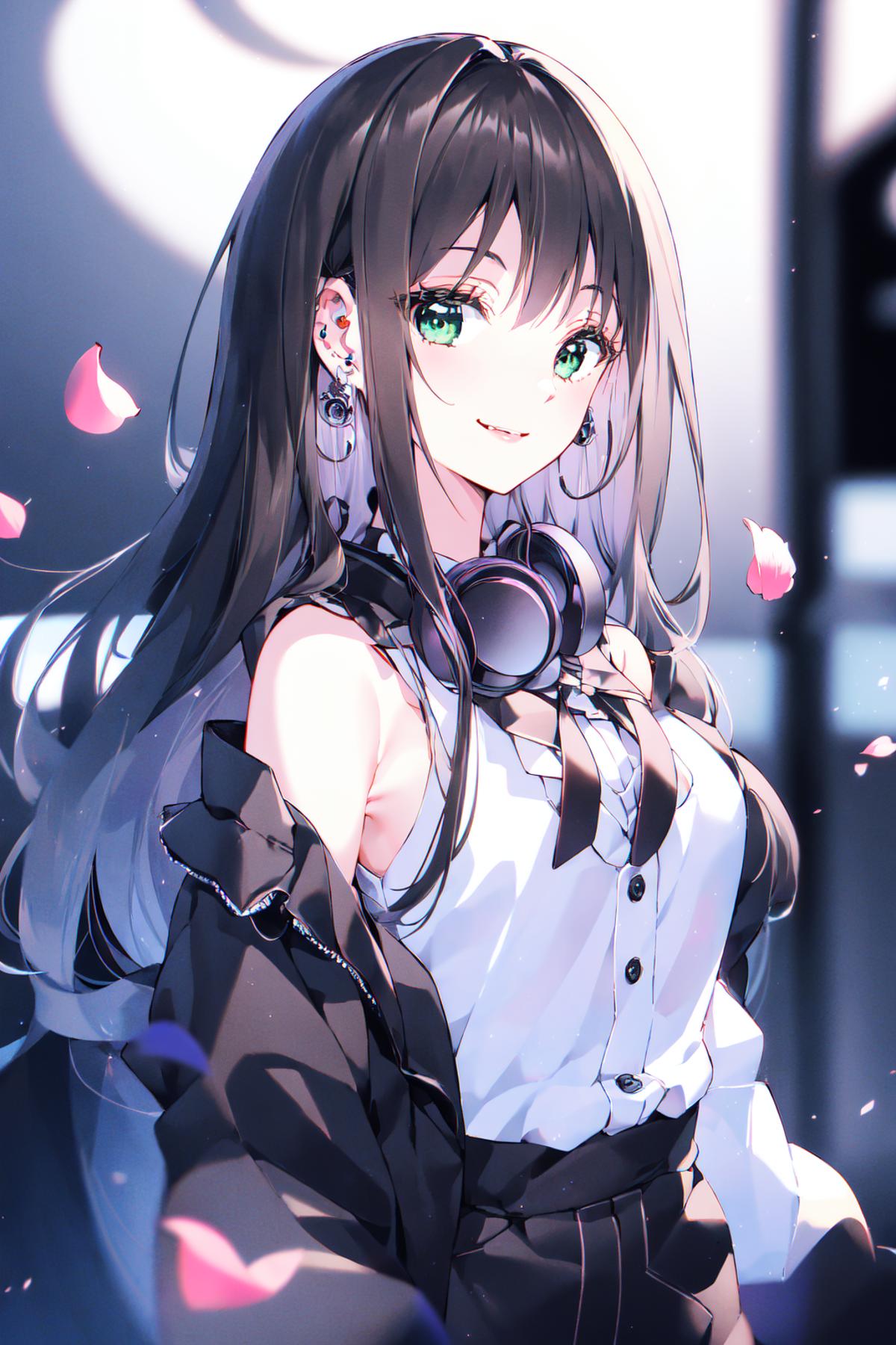 anime girl with brown hair and blue eyes and headphones