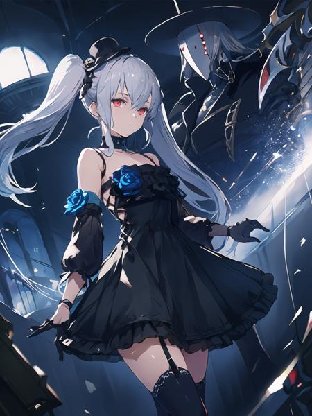 masterpiece,best quality,highres,cinematic lighting,dramatic angle,<lora:OrchisV2-000038:0.8>,1girl;1boy,silver hair,red eyes,black dress;top hat,blue rose;mask,detached sleeves;claws,black thighhighs;jacket,puppet strings,depth of field,marionette,doll,twintails,1girl with silver hair along with her marionette called Lloyd,Lloyd,