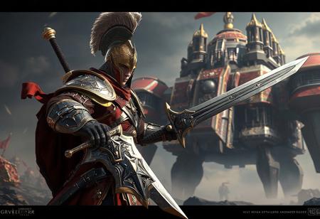 "A hyper-detailed concept art scene featuring a Gravekeeper's Nobleman warrior, the main focus of the image. Adorned in red and gold armor with a helmet featuring a plume, the warrior wields a sword in their right hand and holds a shield in their left, suggesting readiness for battle. The background is the Mobile Fortress, creating a dramatic and immersive setting. Rendered in hyper-realistic 3D with Octane Render, the scene showcases lifelike details, sharp lines, and stunning colors. The composition is balanced, with intentional focus on the warrior and the fortress. Inspired by contemporary aesthetics and Grammer Effect Style, the image conveys vivid emotions and a powerful message. Trending on ArtStation, 4K, ultra-detailed, and impeccably composed."
