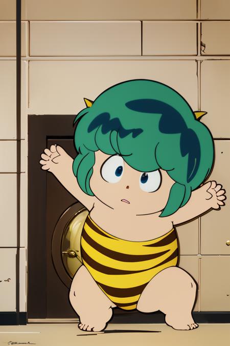 (Realistic:1.5) full body shot, solo, blue eyes, 1boy, swimsuit, male focus, green hair, horns, barefoot, pointy ears, strapless, frown, parody, aged down, animal print, oni horns, oni, retro artstyle, style parody, tiger print, male child, chibi, outstretched arms, A vast, underground network of tunnels filled with hidden dangers and secret treasures., <lora:EdobUruseiYatsuraTen_v1.0:0.8>