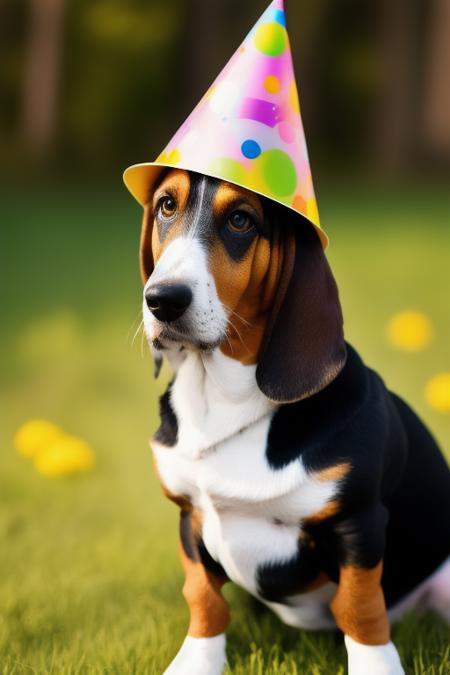 basset2788 <lora:basset27:1>, wearing colorful birthday cone hat, bokeh effect,