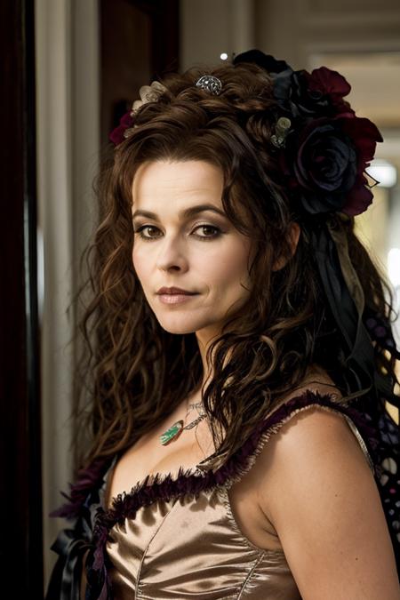 <lora:Helena_Bonham_Carter:1> 1woman, solo, mature hb1873c, , brown_hair, wavy hair, messy hair, day of the dead costume ,  salon , evening