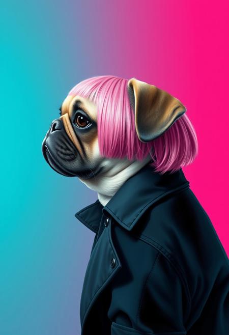 Anthropomorph pug dog with a pink bobcut and long hair in the back, wearing a black trenchcoat ,turquoise silver grunge, in profile, side view, surrealism, pencils, fashion illustration, gradient magenta and teal background, avant-garde, vivid colors, filigrie, photorealistic rendering, mody chiaroscuro lighting