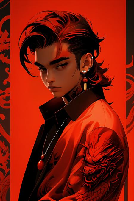 (red theme, red gradient,:1.2)redshift,red, solo, looking at viewer, shirt, black hair, red eyes, 1boy, jewelry, closed mouth, jacket, upper body, male focus, red hair, multicolored hair, earrings, collared shirt, medium hair, necklace, black jacket, black shirt, tattoo, piercing, ear piercing, dragon, eastern dragon  <lora:redshift-10:0.8>