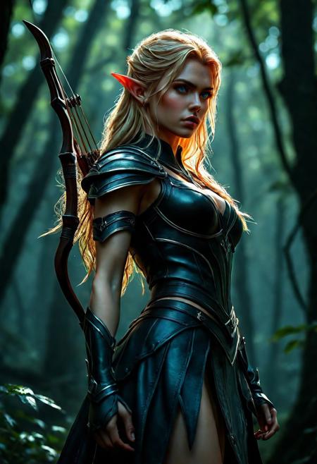 High resolution of ultra-realistic Beautiful Elven Archer girl, ultra-realistic body, perfect athletic body, Attractive Elf girl, artgem, WLOP, standing in the middle of a dark forest, beautiful Sadie Sink as Elf Archer girl, night of the full moon, realistic elven leather armour, defiant and seductive, covered in dirty and blood, cinematic colors Lighting, extremely detailed, 8K, wavy blonde hair, realistic dirty pale face, realistic blue eyes, beautiful Elf girl on in dark fantasy cool outfit, hyper-detailed, hyper-realistic, Attractive 21 old years Elf woman, Attractive, beautiful firm Breasts, wet and sweaty skin, Dark fantasy style, Dark fantasy atmosphere, sharp focus, digital painting, Photograph Taken on Nikon D750, Alphonse Mucha, 8K, athletic figure, Hyperdetailed, hyperrealism, attractive woman, beautiful woman of athletic body, Attractive bust girl, asymmetric balance