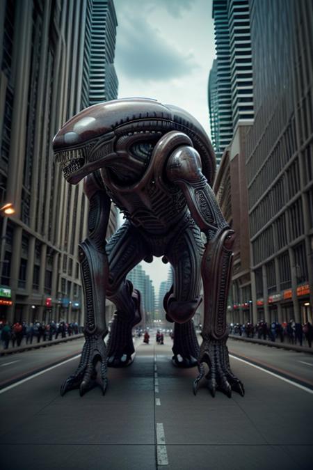 cinematic film still of  <lora:xenomorph style SD1.5:1>
Xenomorph,full body, side view, endoparasitoid extraterrestrial species,solo,open mouth,teeth,tongue,blurry,no humans,blurry background,fangs,sharp teeth,monster,realistic,alien , horror themed, dark themed, cinematic, film still, xenomorph style, shallow depth of field, vignette, highly detailed, high budget, bokeh, cinemascope, moody, epic, gorgeous, film grain, grainy, background KLCC, Malaysia Street,