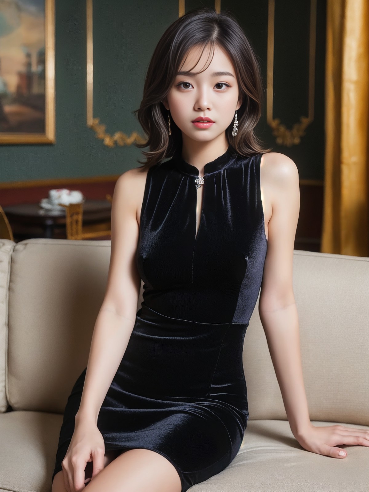 the girl is wearing a (black:1.2) velvet dress sitting on the sofa in art deco room, best quality, masterpiece, official a...