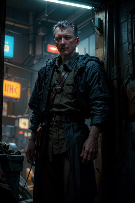 ((masterpiece, best quality, high quality, highres, ultra-detailed)), strelkov, man, male focus, oldman, looking at viewer, rough face, serious, long black coat, belt, straps, teach, mechanical parts,
(cyberpunk, si-fi:1.2), future, cityscape, (neon lights:1.2), night,
<lora:Strelkov:1>
<lora:add_detail:1.0>
<lora:epi_noiseoffset2:1>, (cinematic look:1.4), soothing tones, insane details, intricate details, hyperdetailed, low contrast, soft cinematic light, dim colors, exposure blend, hdr, faded, slate gray atmosphere