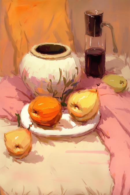 still life watercolor,masterpiece,best quality,white clay pot,1 tall glass,1 orange,1 pear,1 apple,plate,pink table cloth,green blanket,<lora:still life watercolor:1>,