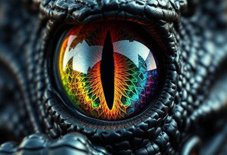 Extreme macro closeup of a massive dragon's head filling the entire frame. The focus is on the eye which is huge with a vertical slit pupil that reflects like polished obsidian. The iris displays vibrant rainbow colors - deep crimson at the inner ring transitioning through orange, golden yellow, emerald green, sapphire blue, and violet at the outer edge, with intricate crystalline patterns and ancient wisdom gleaming within. The eye's surface has a subtle reptilian texture with fine scales around the edges. The lighting should be dramatic with the iris colors casting prismatic reflections, and the overall mood should convey the awe-inspiring, terrifying scale of the dragon. Ultra-detailed, photorealistic rendering with shallow depth of field emphasizing the eye's immense size.
