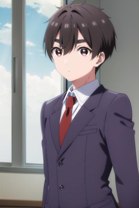 rentarouaijou, <lora:rentarou aijou s1-lora-nochekaiser:1>,
rentarou aijou, black hair, (brown eyes:1.3), thick eyebrows, short hair, hair between eyes,
BREAK school uniform, necktie, formal, suit, red necktie,
BREAK indoors, classroom,
BREAK looking at viewer, (cowboy shot:1.5),
BREAK <lyco:GoodHands-beta2:1>, (masterpiece:1.2), best quality, high resolution, unity 8k wallpaper, (illustration:0.8), (beautiful detailed eyes:1.6), extremely detailed face, perfect lighting, extremely detailed CG, (perfect hands, perfect anatomy),