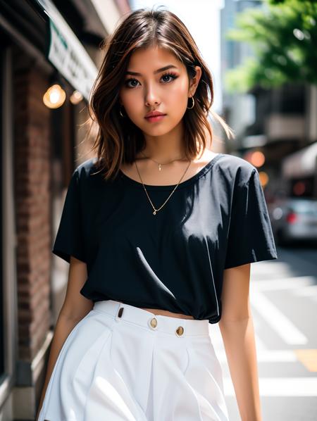 BJ_Street-photo,1girl,solo,looking_at_viewer,skirt,brown_hair,shirt,jewelry,white_shirt,short_sleeves,outdoors,black_skirt,medium_hair,necklace,blurry,lips,blurry_background,realistic,shirt_tucked_in,
cinematic lighting,strong contrast,high level of detail,Best quality,masterpiece,White background,