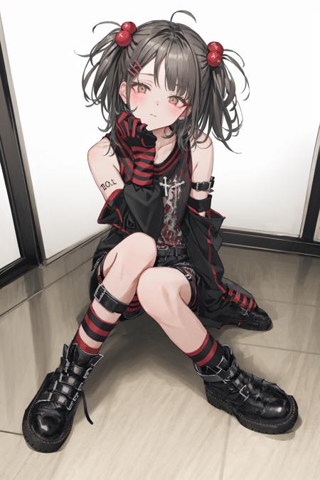 1girl, parted bangs, sitting, solo, black footwear, hair ornament, shirt, grey hair, boots, blush, detached sleeves, cross, black shirt, looking at viewer, bangs, on floor, closed mouth, head tilt, thigh strap, striped, shorts, sleeveless, tattoo, ahoge, sleeveless shirt, black shorts, medium hair, arm warmers, two side up, shoes, antenna hair, twintails, sleeves past wrists, sneakers, hair bobbles, belt, fingerless gloves, black gloves, leg warmers 
///////////  <lora:GU-000183:1>