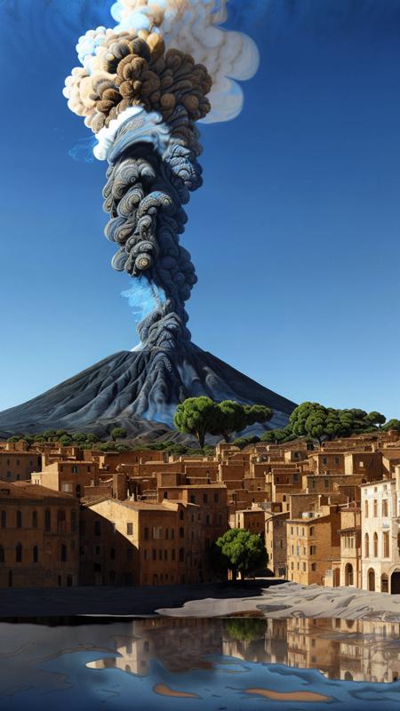 an award-winning isolated flattened zoom analog photograph of a magnificent mrblng02-4000 smoking volcano beside a mediterranean town, very detailed, intricate, <lora:to8_ContrastFix_sd15:0.83>